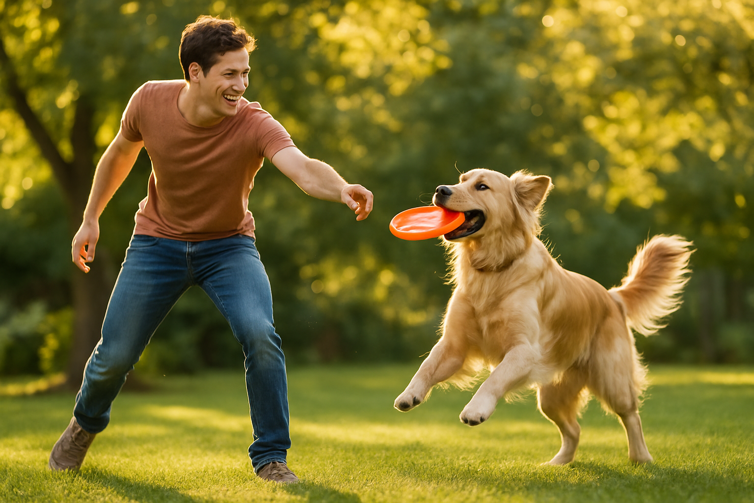 créer un photo d'un moment de jeux entre le maitre et son chien en te basant sur le même visuel que le précédent pour les personnes